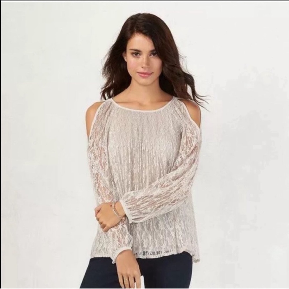 LC Lauren Conrad Lace Cold Shoulder Blouse - Cream